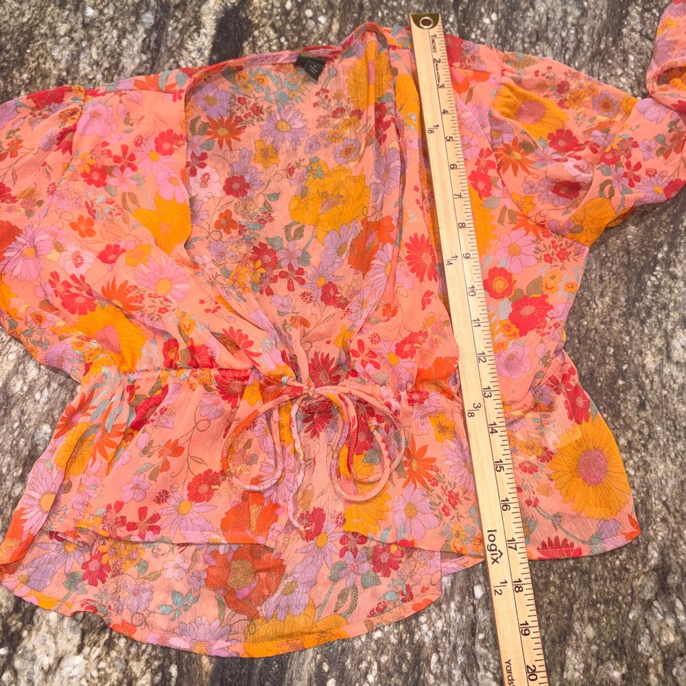 Floral Bell Sleeve Tie Front Boho Festival Top Womens Size Medium Orange - Picture 10 of 11
